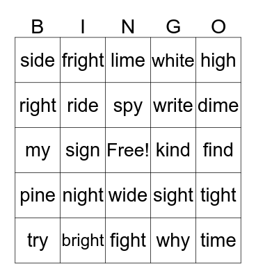 long vowel i patterns Bingo Card