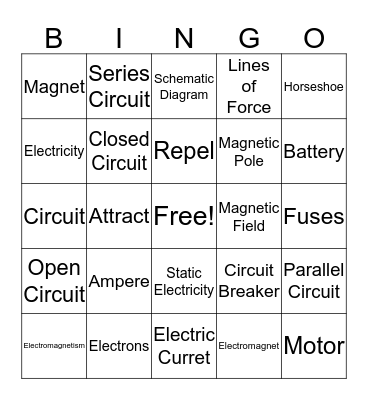 Electricity and Magnetism Bingo Card