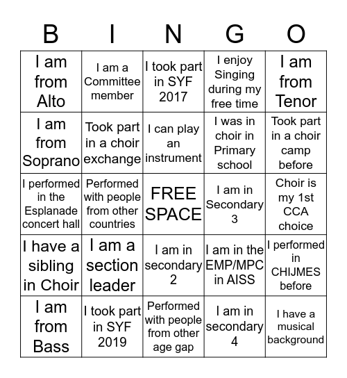 CHOIR BINGO  Bingo Card