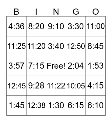 Telling Time Bingo Card