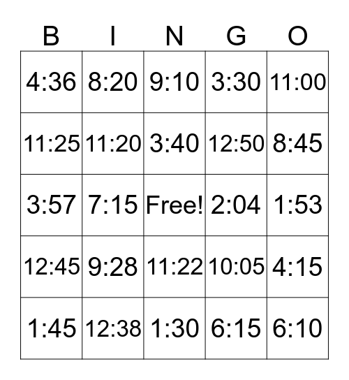 Telling Time Bingo Card