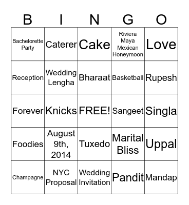 Sheetal's Bridal Shower  Bingo Card