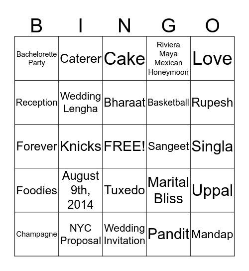 Sheetal's Bridal Shower  Bingo Card