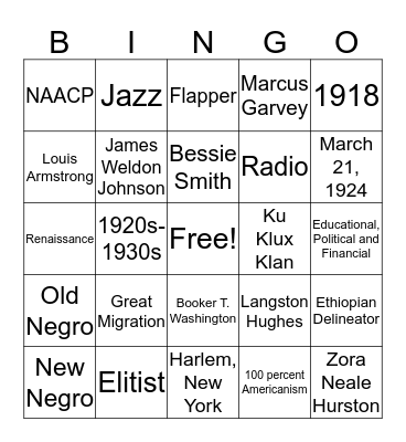 Harlem Renaissance Bingo Card