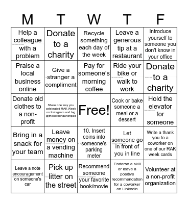 Random Acts of Kindness (RAK) Week BINGO Card