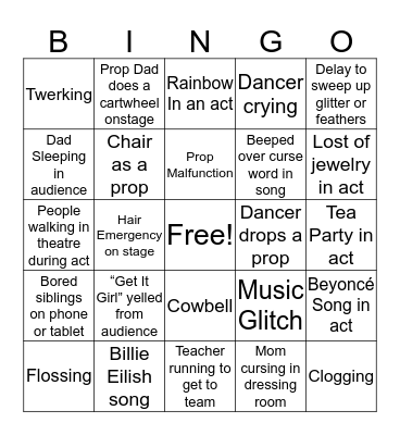 Dance Competition BINGO Card