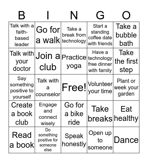 Healthy Habits of Emotional Well-being  Bingo Card