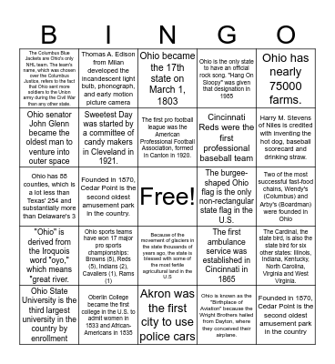 Ohio Fun Facts Bingo! Bingo Card