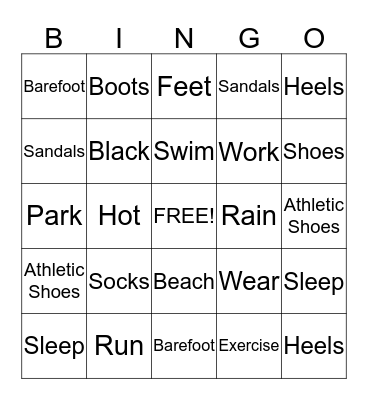 Shoe Vocabulary  Bingo Card