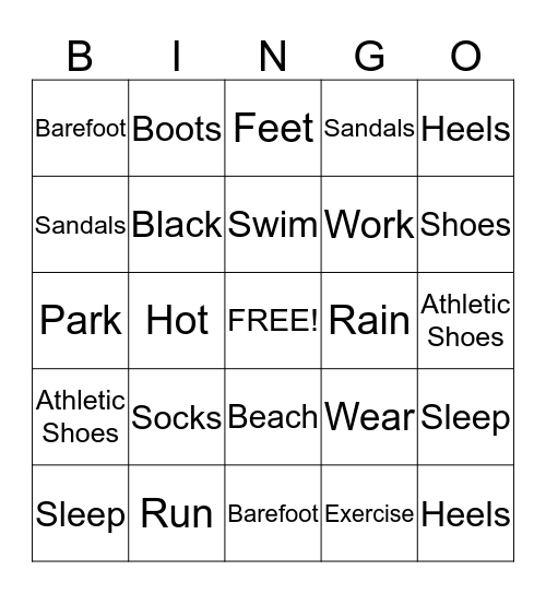 Shoe Vocabulary  Bingo Card