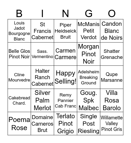 January Wine Contest Bingo Card