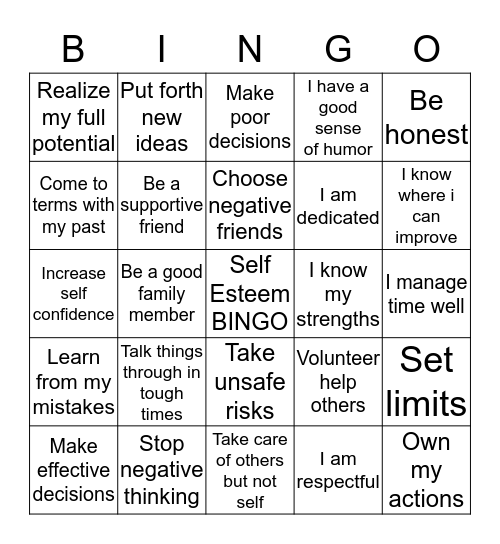 Self Esteem Bingo Card