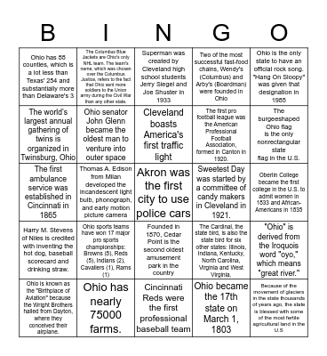 Ohio Fun Facts Bingo! Bingo Card