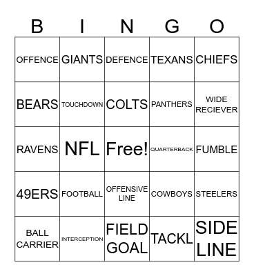 SUPER BOWL Bingo Card