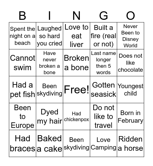 Getting to Know You Bingo Card