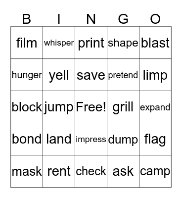 suffix ed Bingo Card
