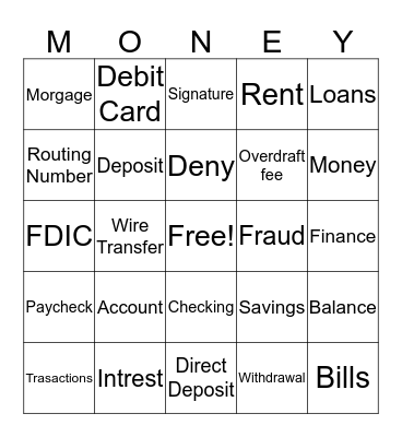 Deposit and Withdrawals Bingo Card
