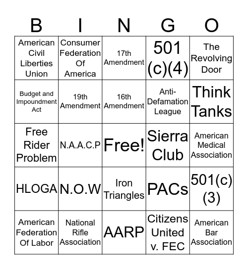 Interest Groups Bingo Card