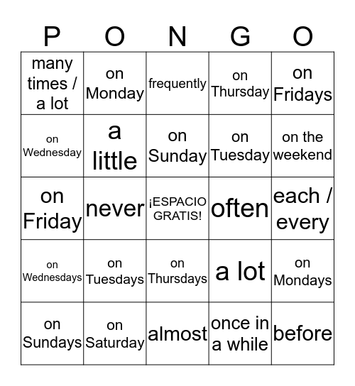 Las Palabras de Frecuencia Bingo Card