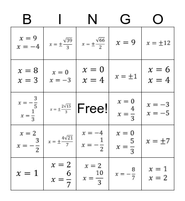 Algebra 2 - 5.5 Practice Bingo Card