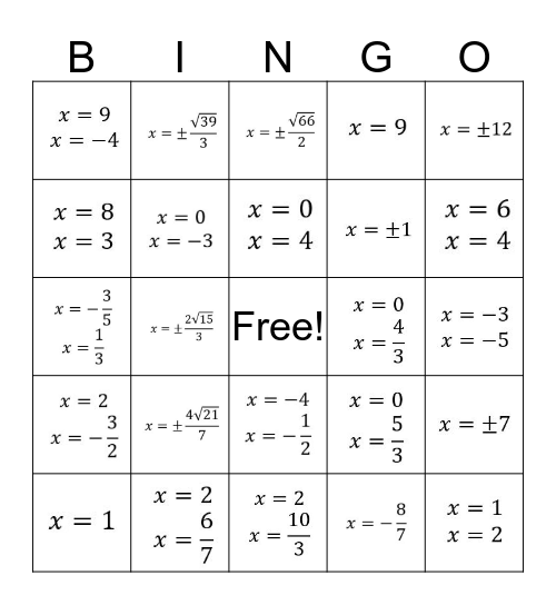 Algebra 2 - 5.5 Practice Bingo Card