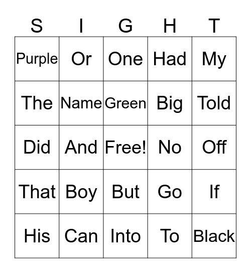 Sight Word Bingo Card