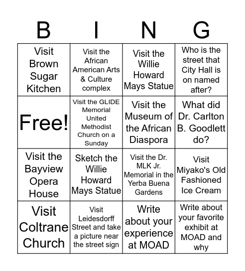 African American Excursion Bingo Card