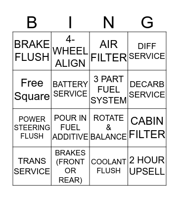 Automotive Bingo Card