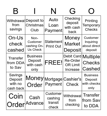 Banking Transaction Part I Bingo Card