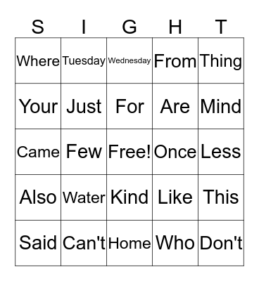 Sight Words 3 Bingo Card