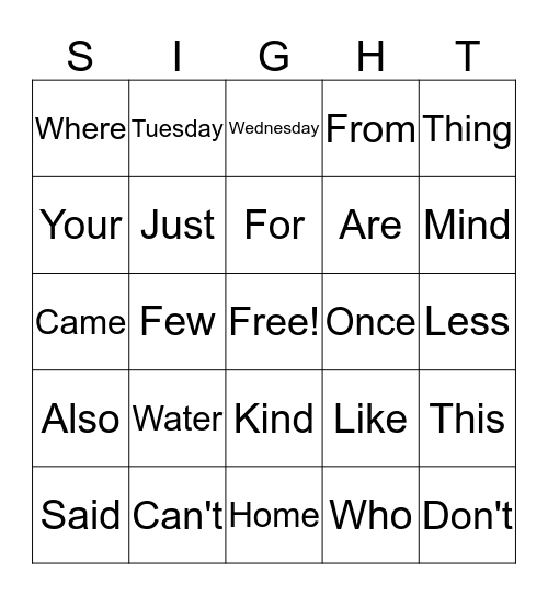 Sight Words 3 Bingo Card