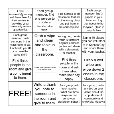 Classroom Kindness & Service Bingo Card