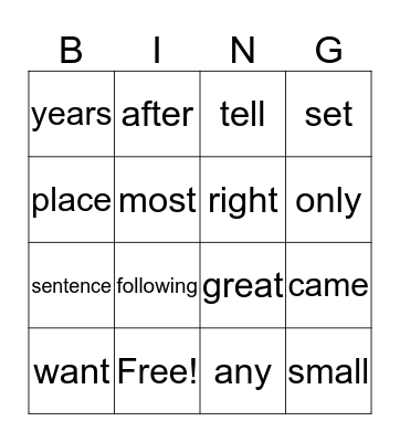 Fry's Second 100 words Bingo Card