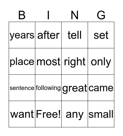 Fry's Second 100 words Bingo Card