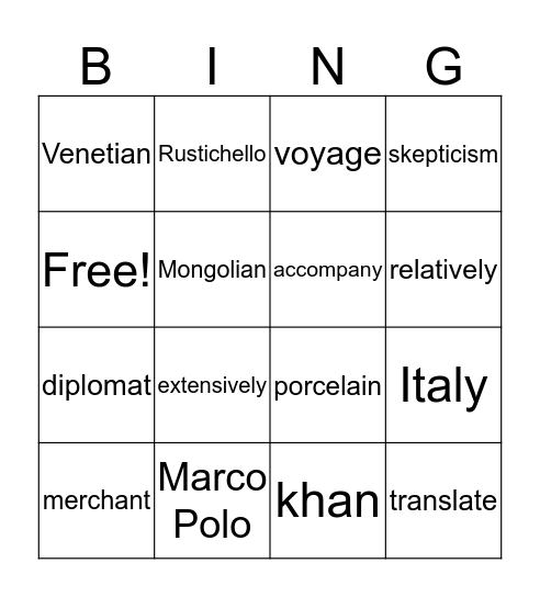 Marco Polo Vocabulary Bingo Card