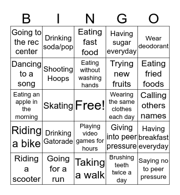 Healthy vs. Unhealthy Choices Bingo Card