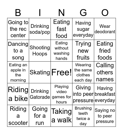 Healthy vs. Unhealthy Choices Bingo Card