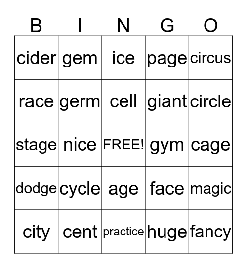 Soft c and soft g Bingo Card