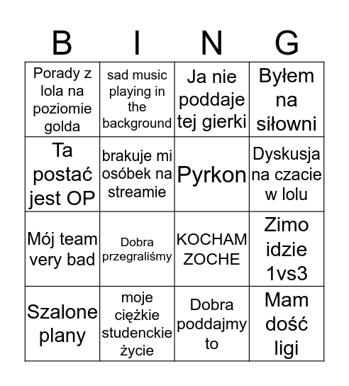 Stream Zima Bingo Card