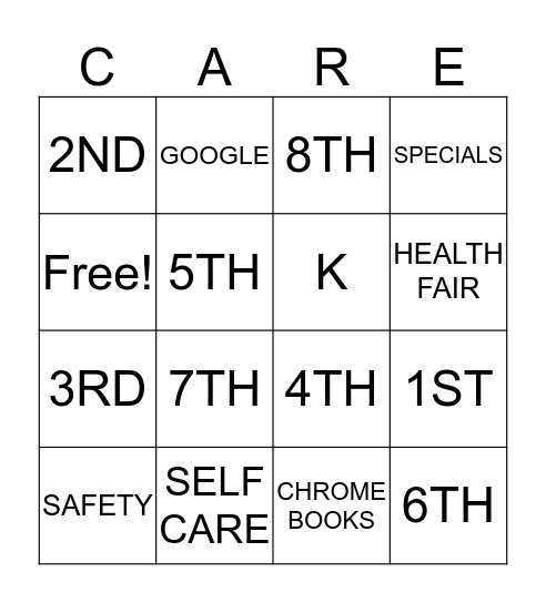 We CARE about you! Bingo Card