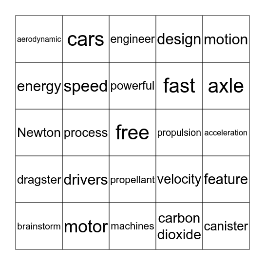 Dragster Bingo Card