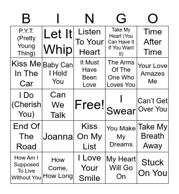 Lovey Dovey 80's & 90's Bingo Card