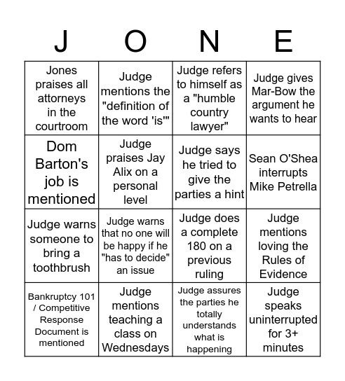 Westmoreland Hearing Bingo Card