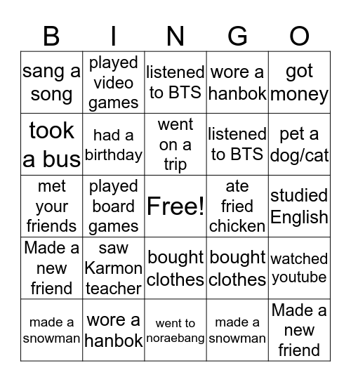 Winter Vacation Bingo Card