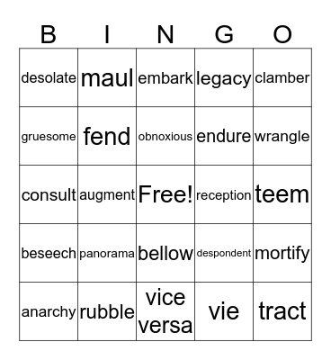 February Vocabulary Week 5  Bingo Card