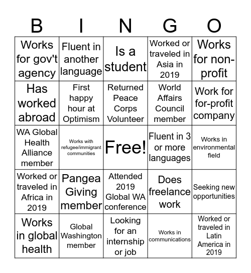 Seattle Global Networking Happy Hour Bingo Card