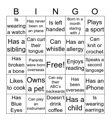 Get to Know You Bingo Card