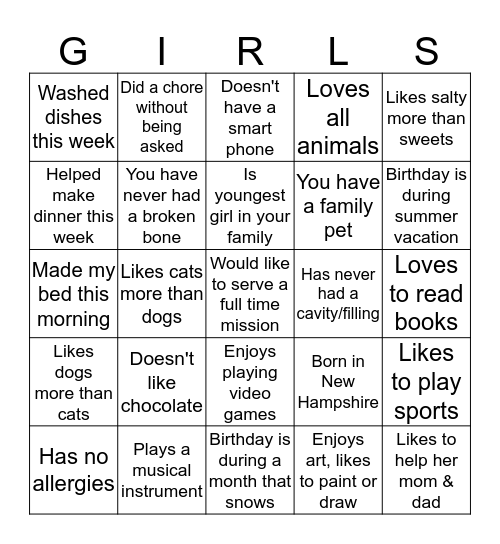 Getting to know my Activity Day Bingo Card