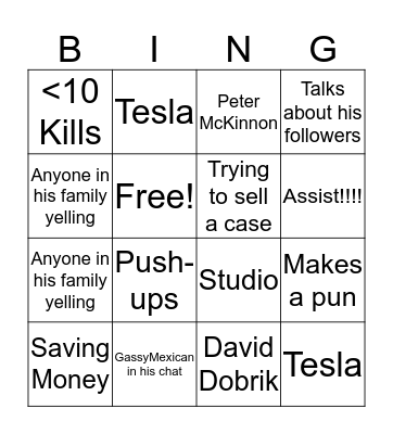 Ryan Playing CSGO Bingo Card