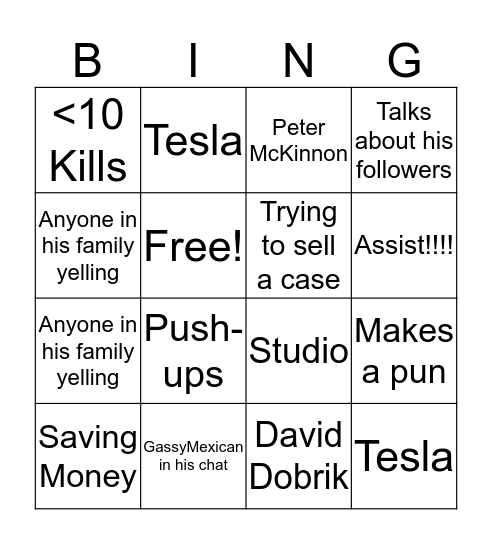 Ryan Playing CSGO Bingo Card